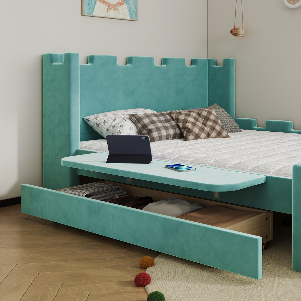 POLSTERBETT 140/200 cm in Blaugrün mit klappbarer Seitenablage, Stauraum-Schublade und Burg-Design aus Samt - Blau/Grün, Holzwerkstoff/Textil - STILVORA