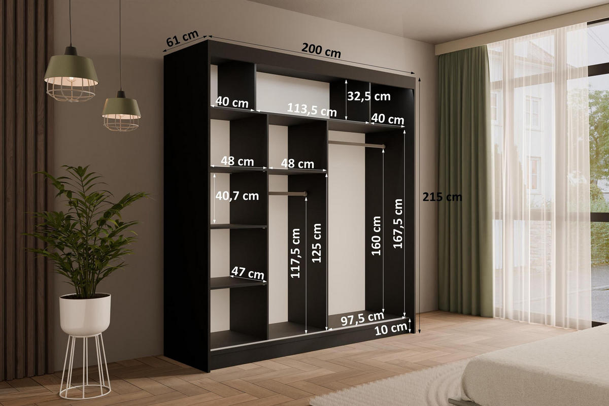 KLEIDERSCHRANK AMOHA mit LED - 200 cm - Schwarz - Schwarz, Holzwerkstoff (200/215/61cm) - ALTDECOR