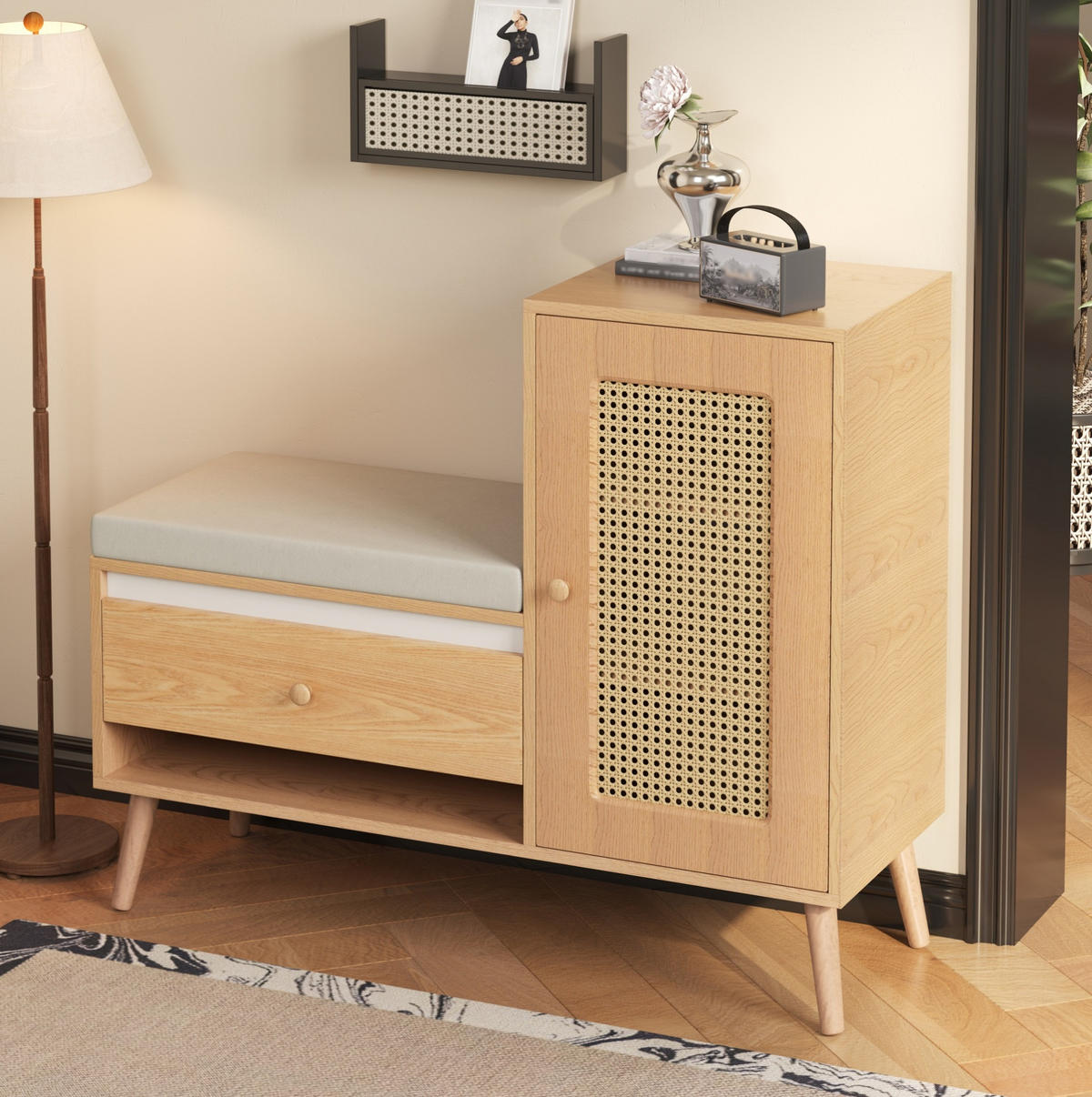 SCHUHSCHRANK 95,5/35/80,5 cm mit Sitzkissen, Schubladen und Rattan-Optik aus MDF und Holzwerkstoff, Natur - Naturfarben, Holzwerkstoff (95.5/80.5/35cm) - Redom