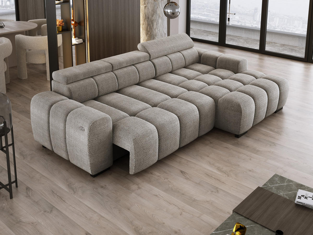 ECKSOFA OMBO 285x168x77/97 cm, Rechts, Schlaffunktion, elektr. Sitz, Kopfstützen, hydrophober EDEN-Stoff – Grau - Grau, Holz/Textil (285/168cm) - DomoHome