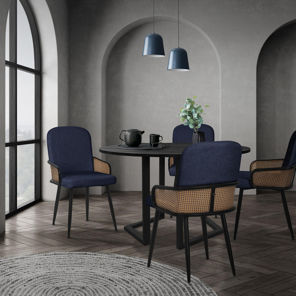 ESSZIMMERSTÜHLE 6er Set Dunkelblau mit Stoffbezug Rattan Optik - Schwarz/Dunkelblau, Naturmaterialien/Textil (51/91/61cm) - ML-DESIGN