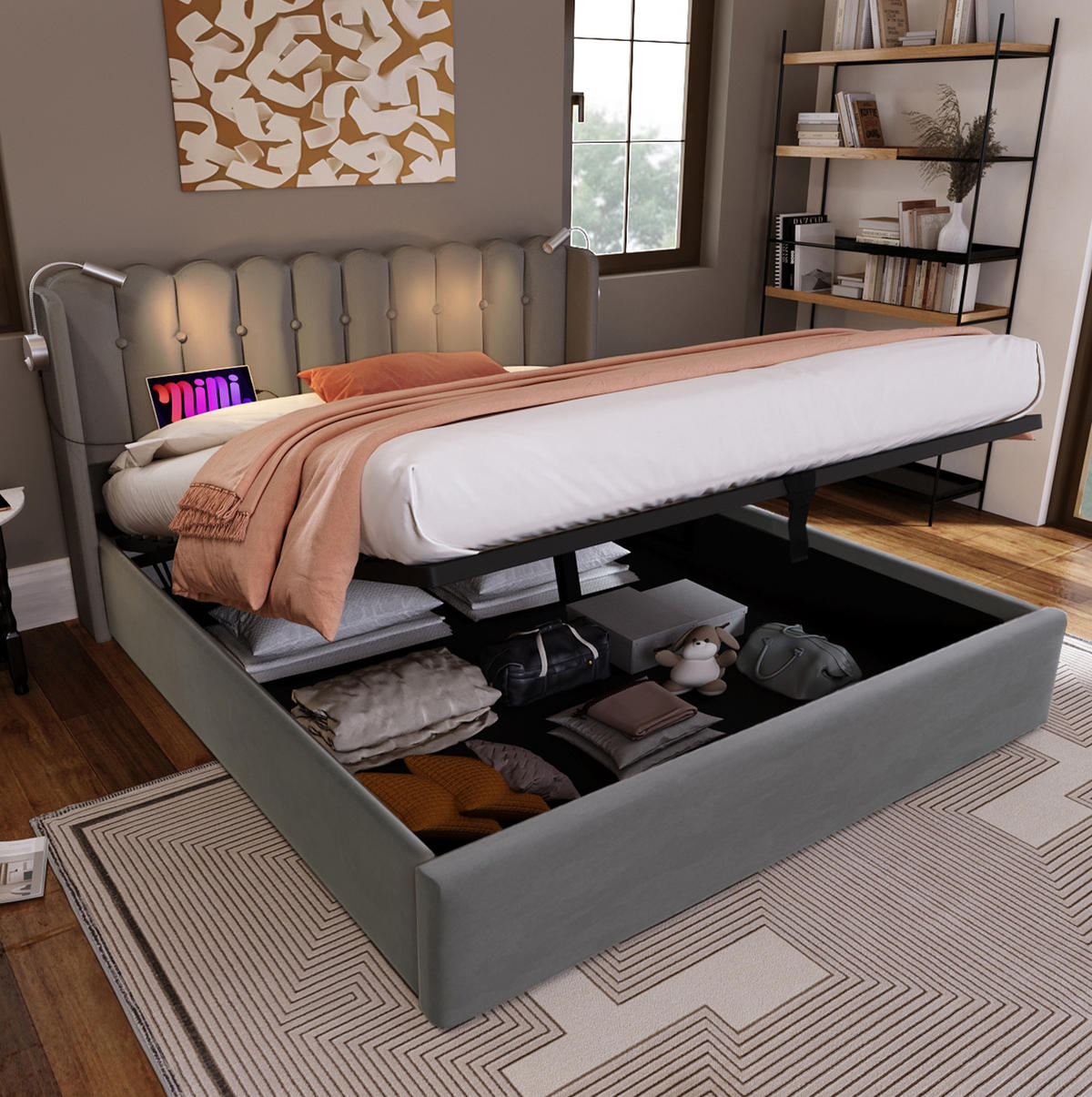 POLSTERBETT 140/200 cm Grau aus Samt mit Bettkasten - Grau, Textil (140/200cm) - OKMYHOME