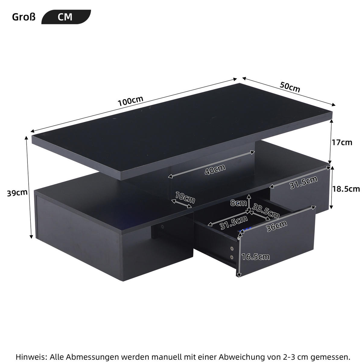 COUCHTISCH 100/50 cm mit LED-Beleuchtung, Ablagefach und Schublade in Schwarz - Schwarz, Holzwerkstoff (100/50/39cm) - BEAOK