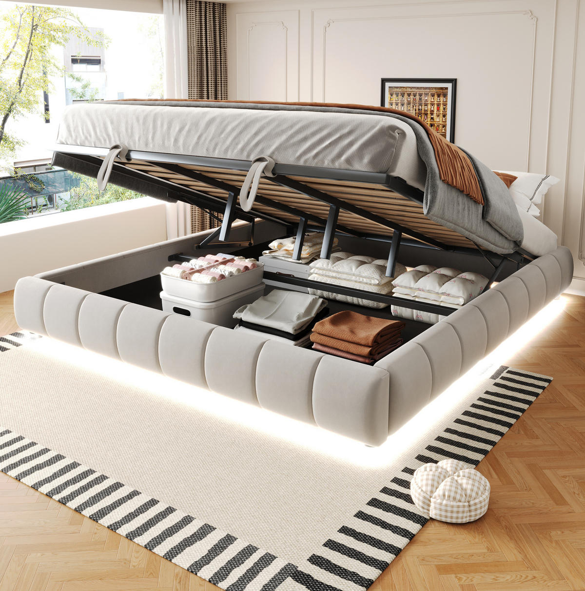 POLSTERBETT 180/200 cm Beige aus Flannelette mit LED-Lichtleiste und Bettkasten - Beige, Textil (180/200cm) - OKMYHOME