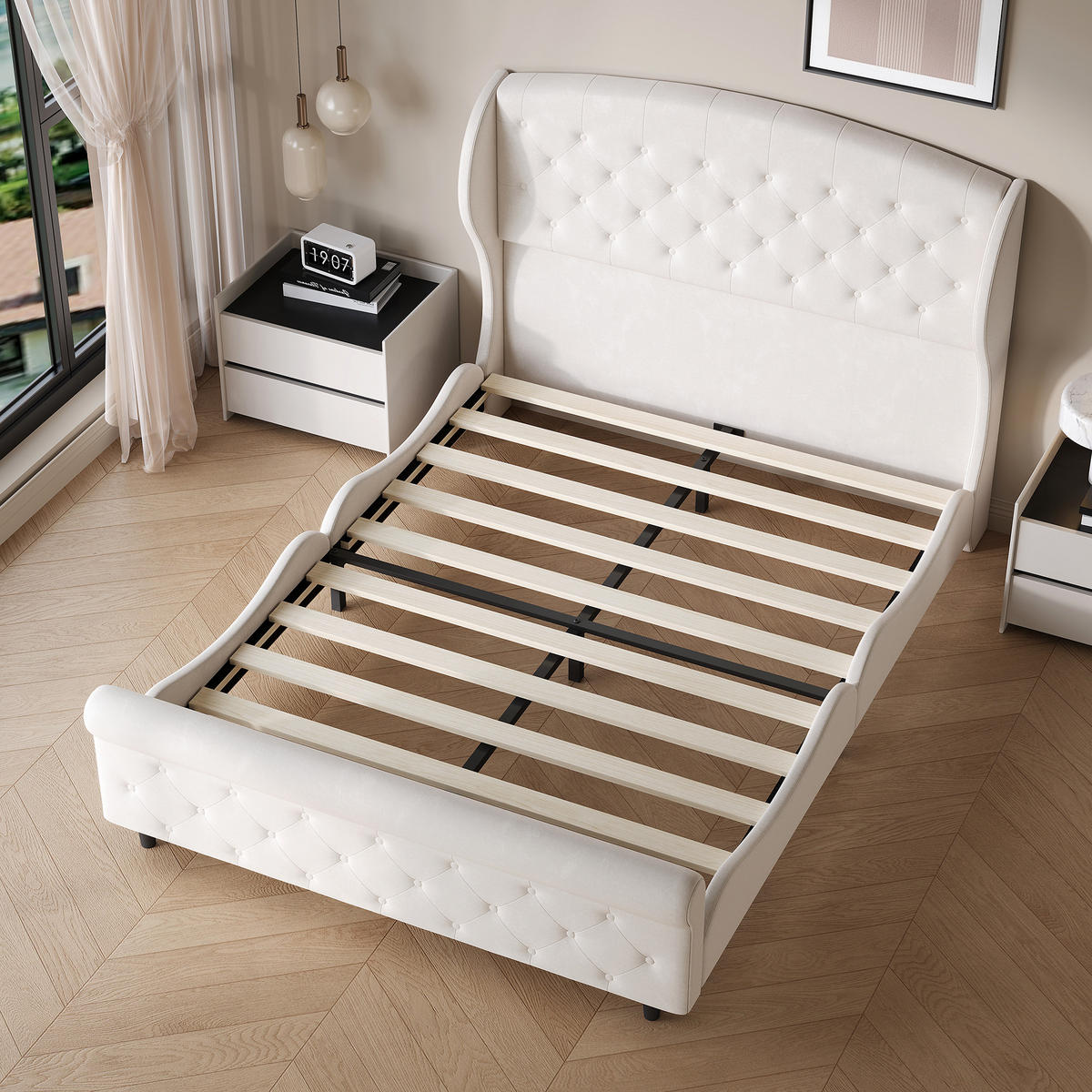 POLSTERBETT 140x200 cm Samt Beige, Doppelbett mit gepolstertem Kopfteil, Lattenrost - Beige, Metall (140/200cm) - EuroLiving