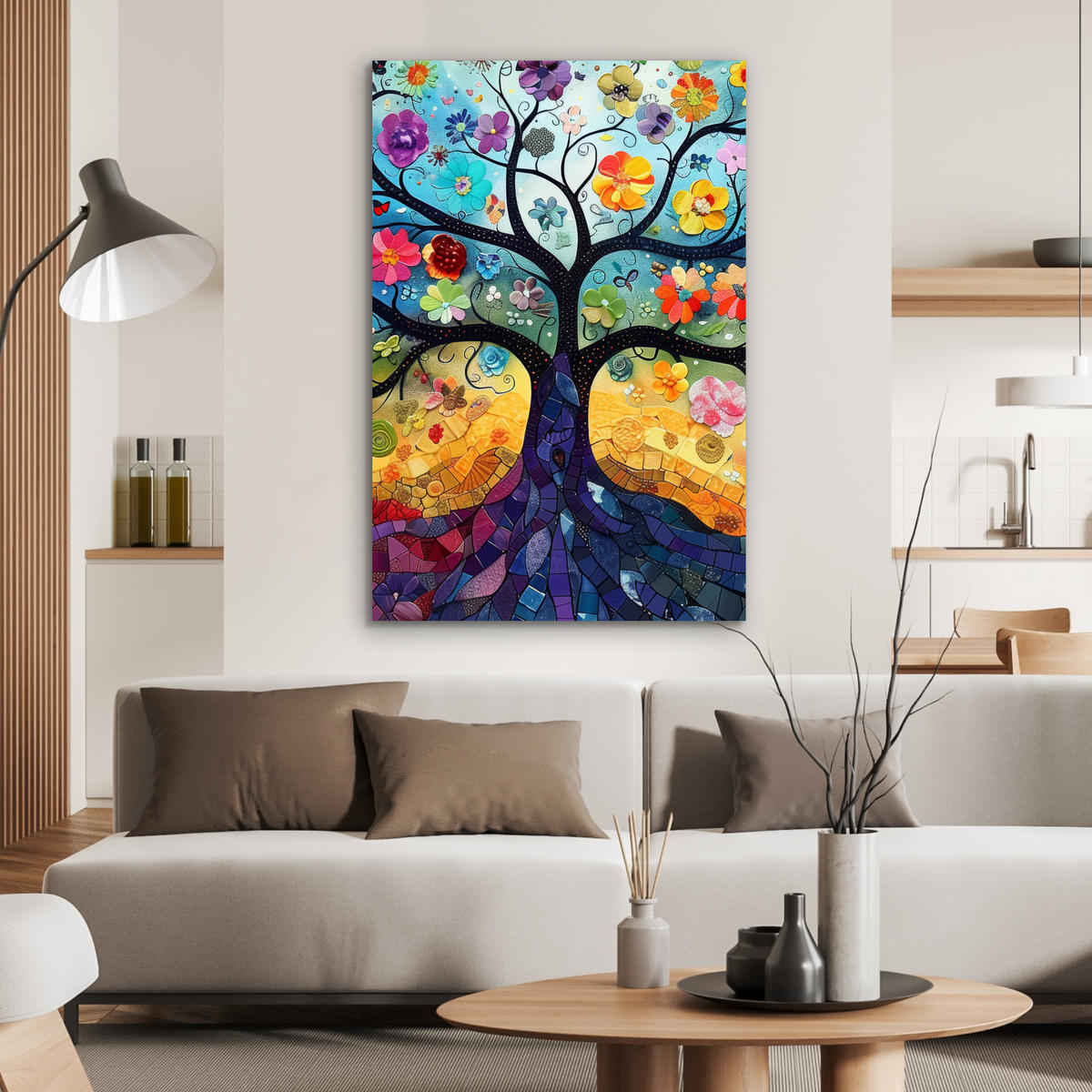 METALLBILD Kunst - Baum des Lebens - Blumen - Hippie 60x90 cm - Dunkelblau, Metall (60/90cm) - MuchoWow