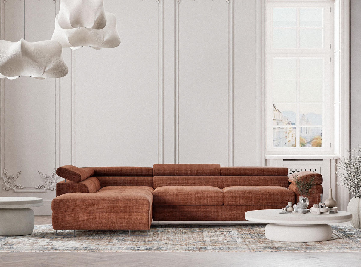 ECKSOFA Concord Kupferfarbe Chenille-Stoff - Links Seite - Schwarz/Kupferfarben, Holz/Holzwerkstoff (203/277cm) - Maison de Reve