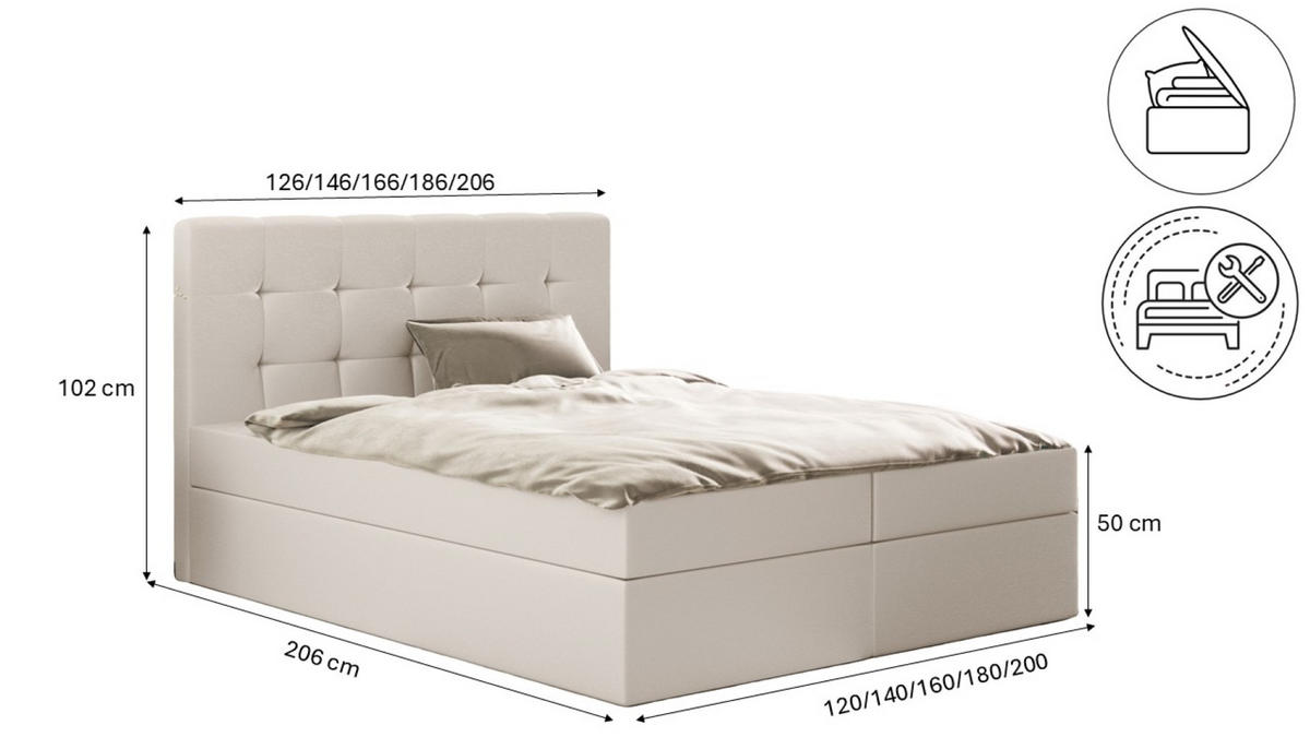 BOXBETT Mit Matratze Und Bettkasten, LUDANO Stoff Cayenne Hellbeige 160x200 cm H3-Bonell - Beige, Holz (160/200cm) - Kaiser Möbel