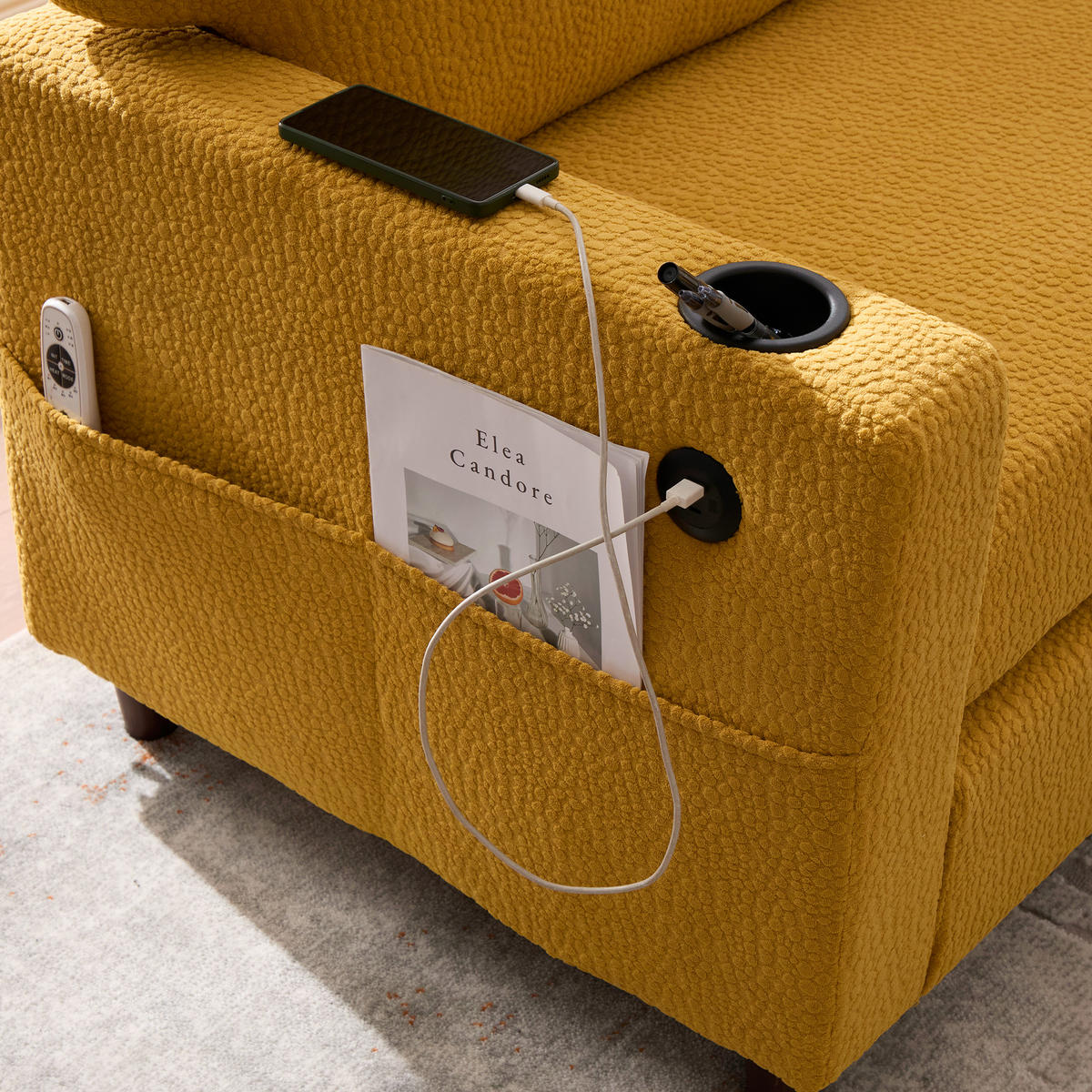 2-SITZER SOFA Chenille Senfgelb mit USB-C, LED, Getränkehaltern und Seitentaschen - Orange, Holzwerkstoff/Textil (203/86/77.5cm) - WISHDOR