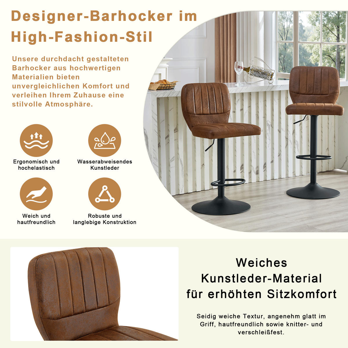 BARSTOL 2-PACK i Vintage-Konstläder i Brunt, höj- och sänkbar samt 360° snurrbar - Brun, Läder (52/62/45cm) - Urban Meuble