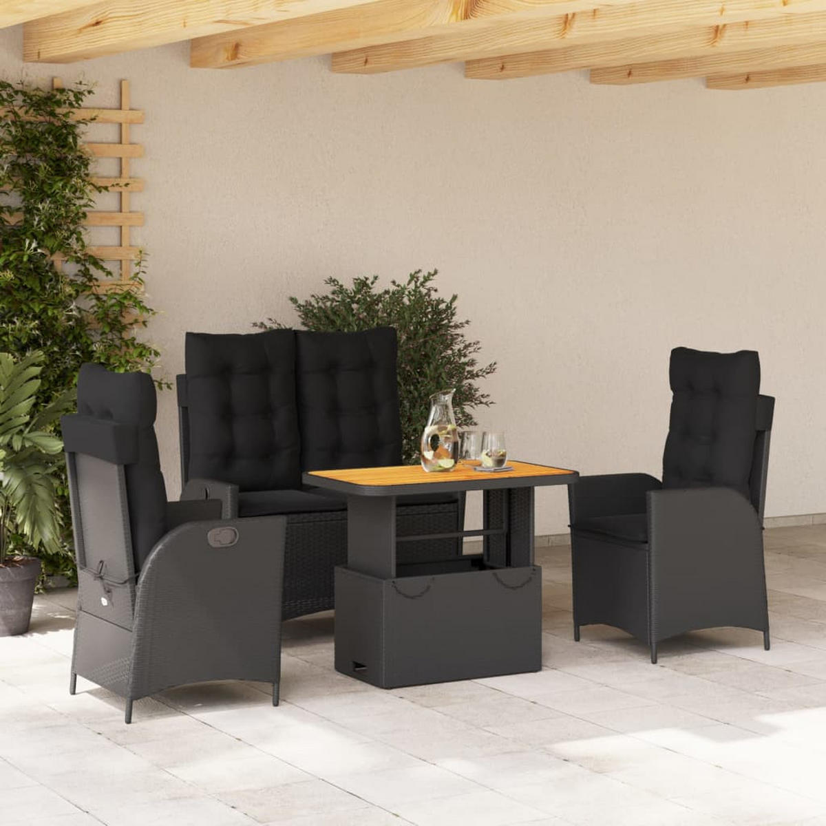 GARTEN-ESSGRUPPE 4-TLG. Mit Kissen Schwarz Poly Rattan - Schwarz, Kunststoff - vidaXL