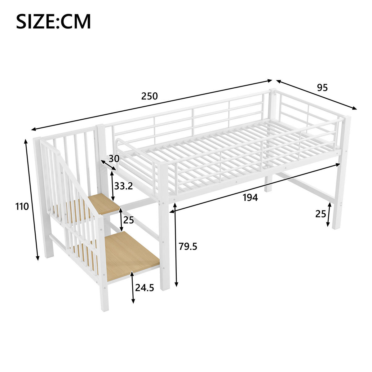 HOCHBETT 90/200 cm in Weiß mit Stauraumtreppe aus MDF & Metall - Weiß, Holzwerkstoff/Metall (90/200cm) - CHICFURN