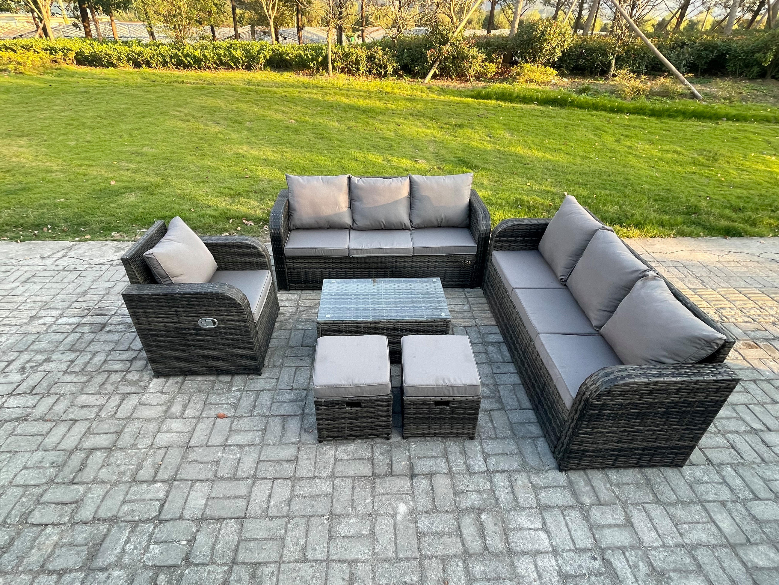 GARTENMÖBEL-SET mit Kissen Polyrattan Dunkelgrau 9-Sitzer - Dunkelgrau/Grau, Glas/Kunststoff - Fimous