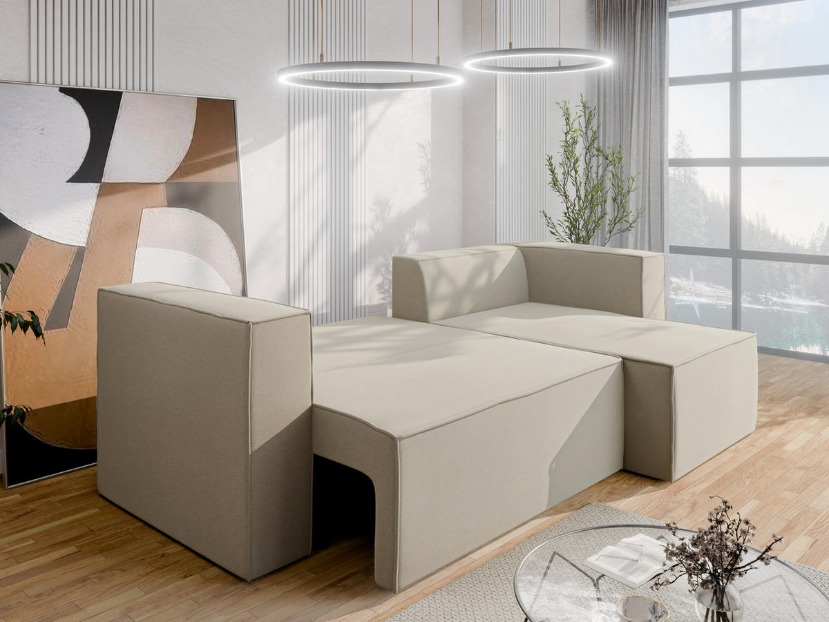 ECKSCHLAFSOFA AURIX Schlafsofa mit Bettkasten, Creme - Creme, Holz (150/244cm) - Panda Möbel