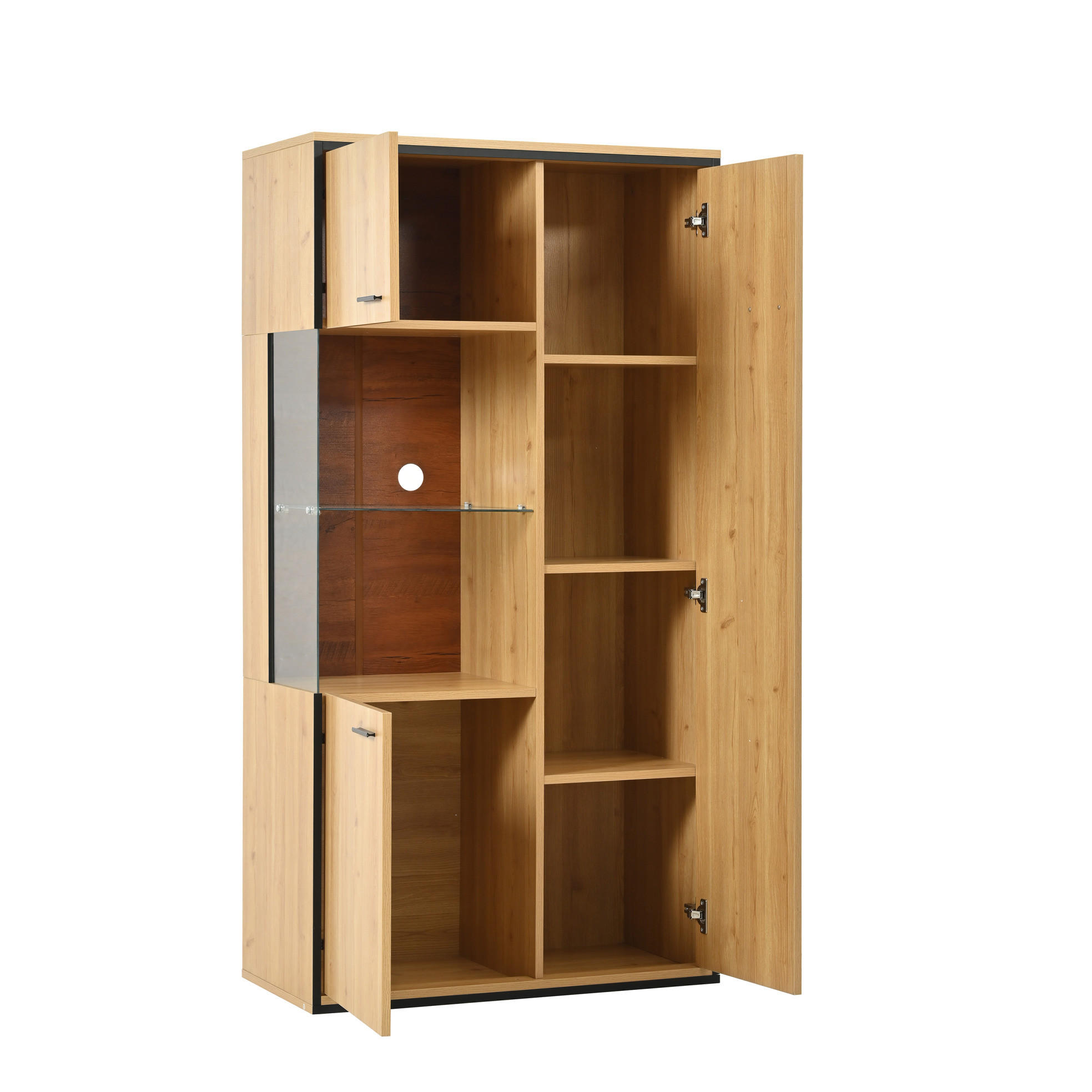 Modfu VITRÍNA z MDF 77,5x40x150 cm přírodní se skleněnými dveřmi, LED osvětlením v 15 barvách a nastavitelnými policemi