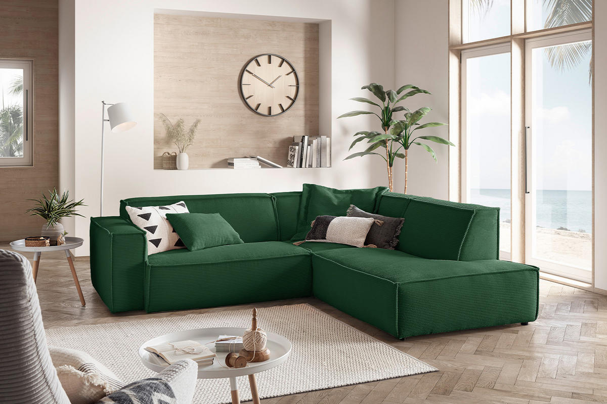 ECKSOFA SAMU Smaragdgrün Cord - Smaragdgrün/Schwarz, Textil (254/224cm) - KAWOLA