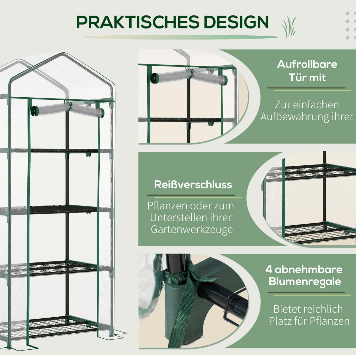 GEWÄCHSHAUS aus Stahl 70x50x160 cm in Transparent mit 4 Regalböden - Transparent, Metall (50/160/70cm) - Modfu