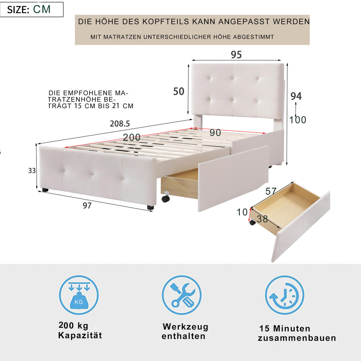 POLSTERBETT 90/200 cm in Beige Samt mit 1 Schublade - Beige, Holzwerkstoff/Textil (90/200cm) - WISHDOR