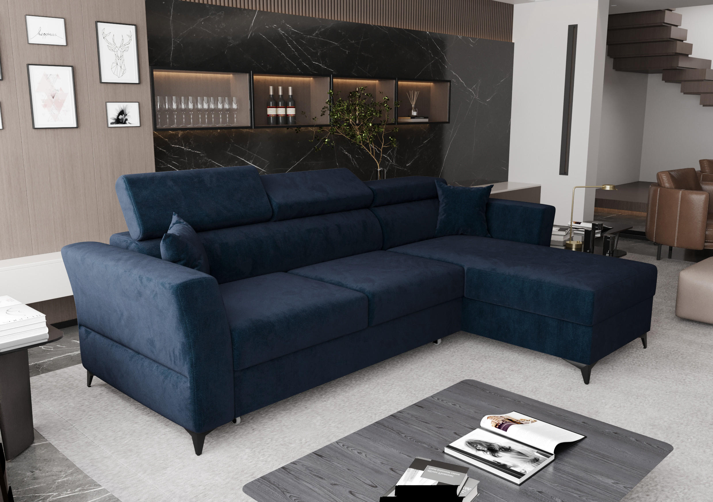 ECKSOFA L Form Ribella Blau 265/180/100 cm Rechts mit Schlaffunktion - Schwarz/Dunkelblau, Textil/Metall (265/180cm) - AX Living