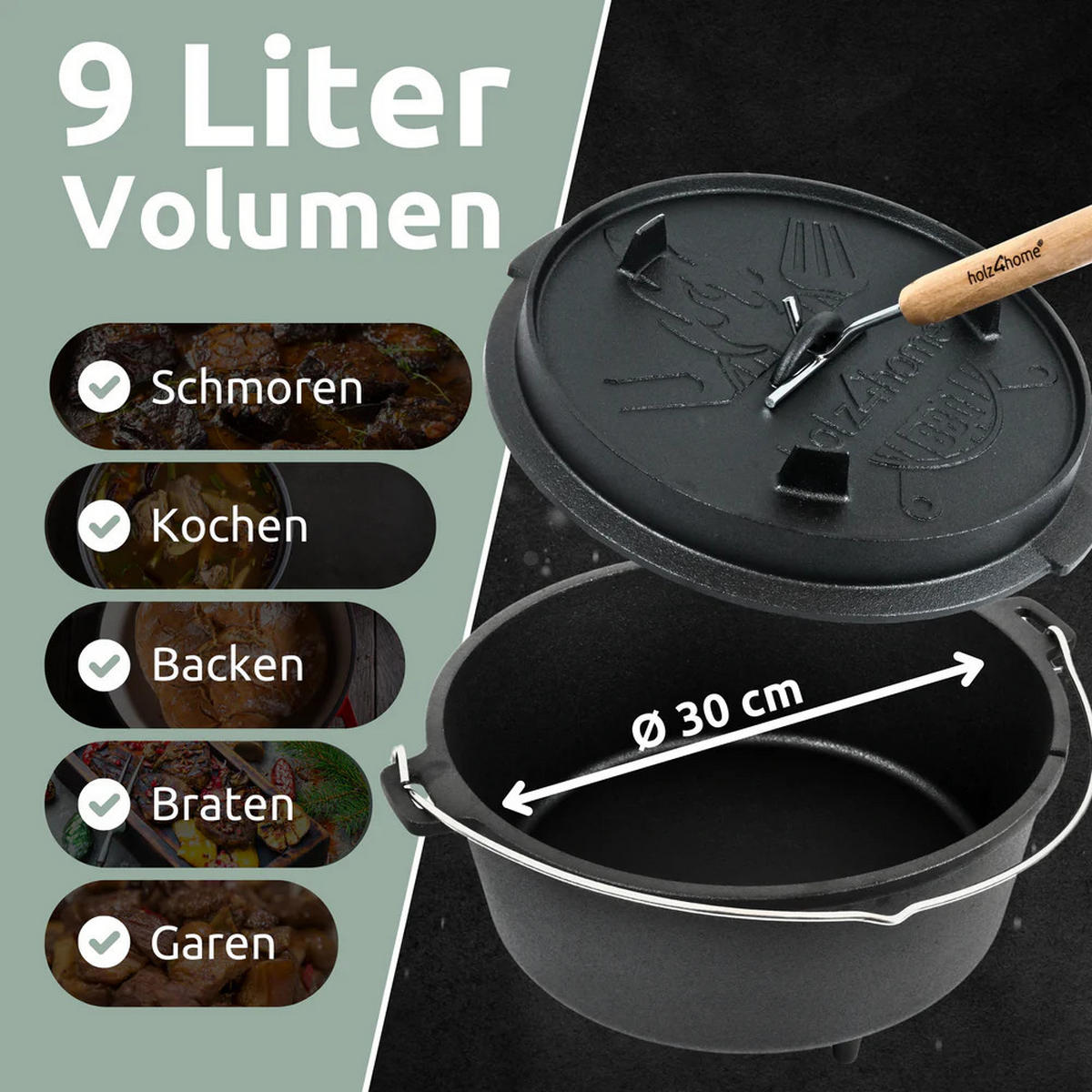 DUTCH OVEN 9 Liter Gusseisen EDOS mit Zubehör - Schwarz, Metall (31/13/31cm) - DELUKE
