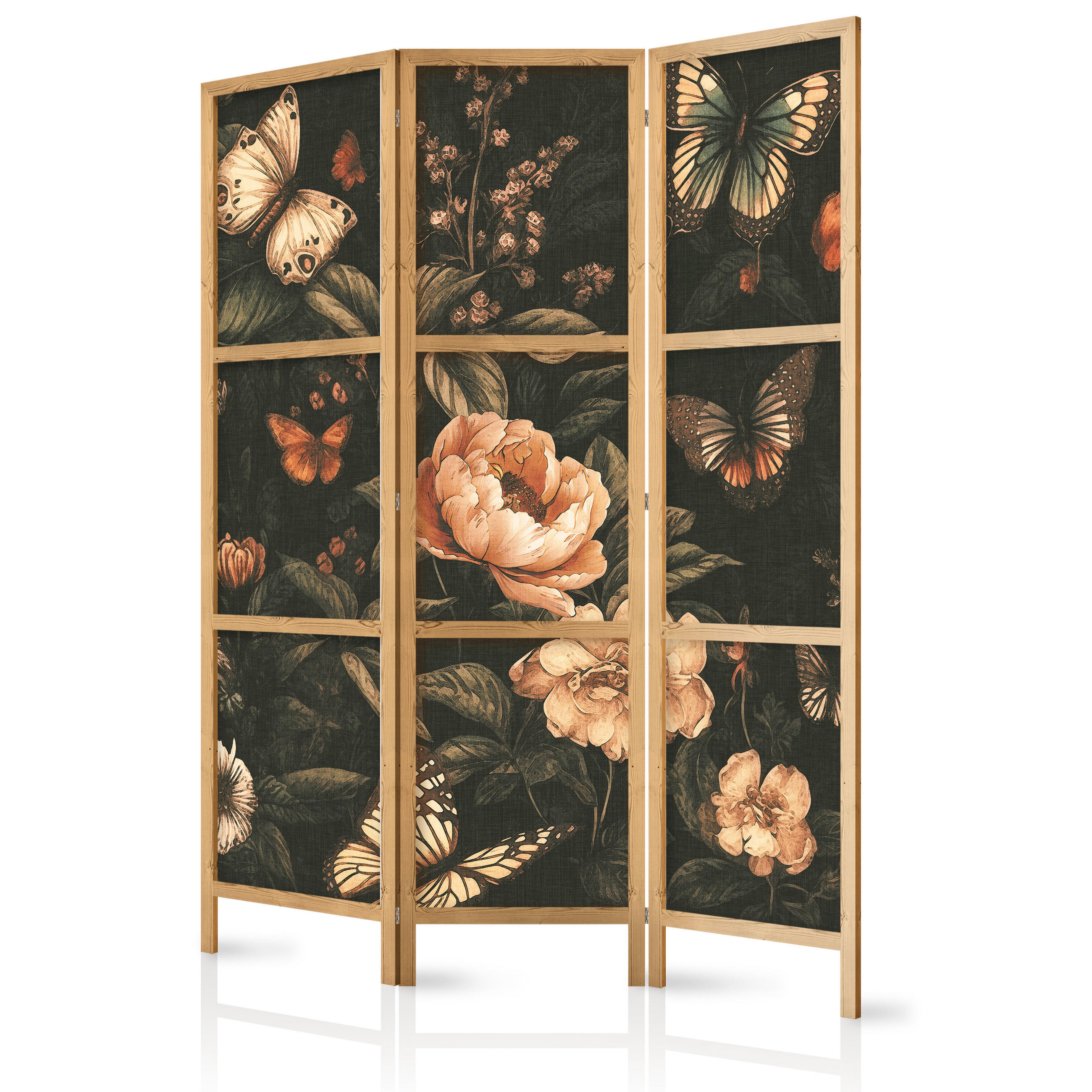 PARAVENT Japanischer 3-tlg 135x172 cm Retro Blumen Schmetterlinge - Multicolor, Holz/Textil (135/172/3cm) - Muralo
