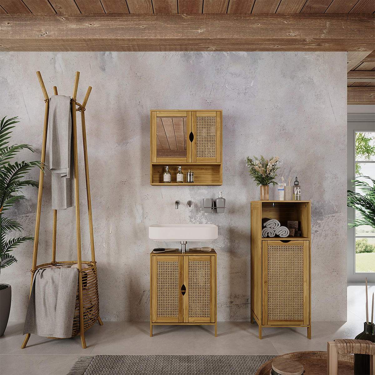 SADA KOUPELNOVÉHO NÁBYTKU Liora Bambus - zelená barva, kompozitní dřevo (48/60/29cm) - Vicco