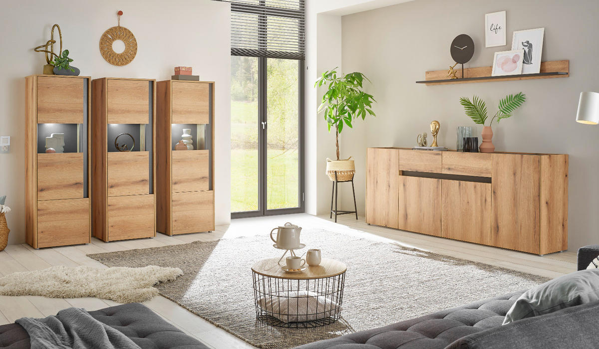 WOHNWAND Evoke Eiche, grau, Wohnkombination Set 3-teilig, 343 cm - Eichefarben/Schwarz, Holz/Holzwerkstoff (360/180/45cm) - Furn.Design