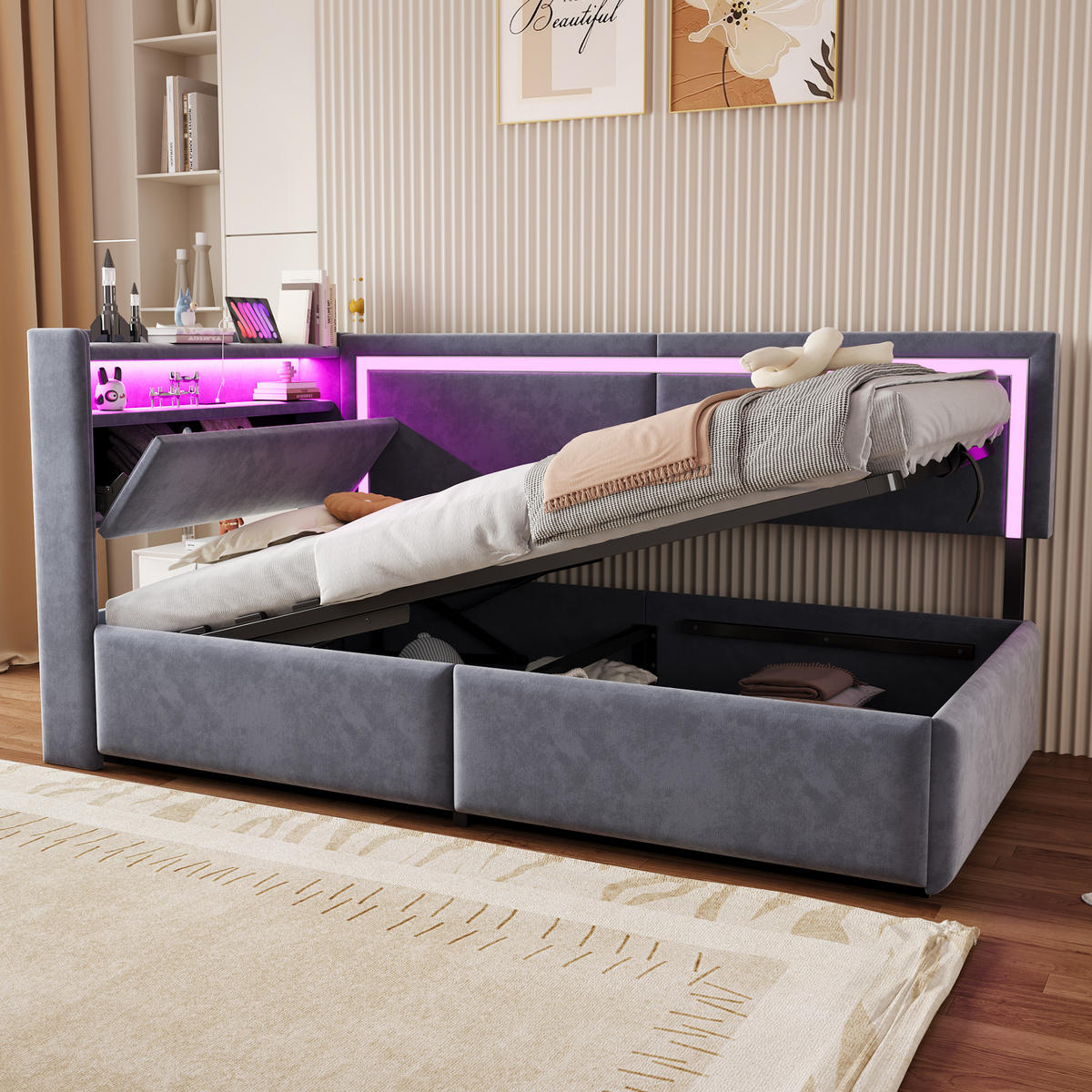 POLSTERBETT 90/200 cm grau aus Samt mit LED und USB Stauraum - Grau, Textil (90/200cm) - OKWISH