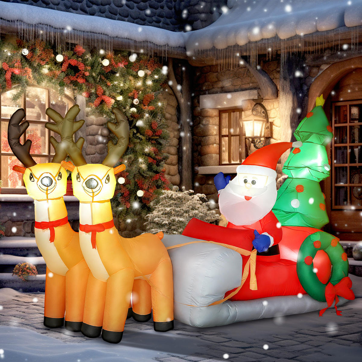 AUFBLASBARER Weihnachtsmann mit Rentieren und Schlitten Multicolor 216.0/90.0/150.0cm - Multicolor, Textil (90/150/216cm)