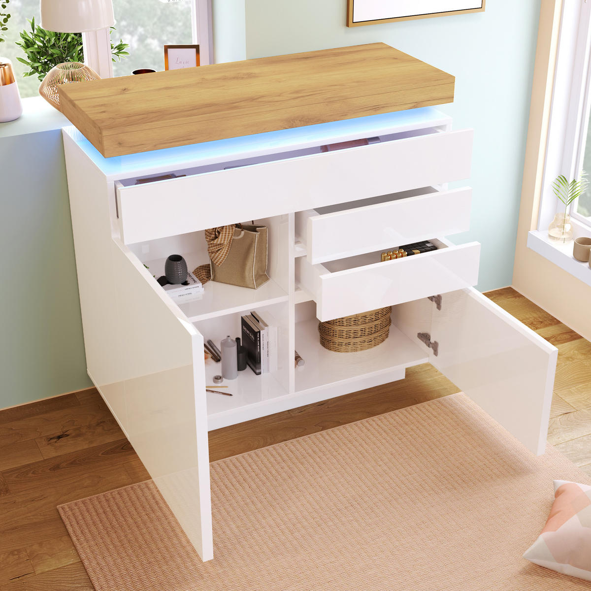 KUCHYŇSKÁ SKŘÍŇ bílá lesklá, zásuvky, LED osvětlení, do obývacího pokoje a ložnice, 110×39×115 cm - bílá, kompozitní dřevo (110/115/39cm) - STILVORA