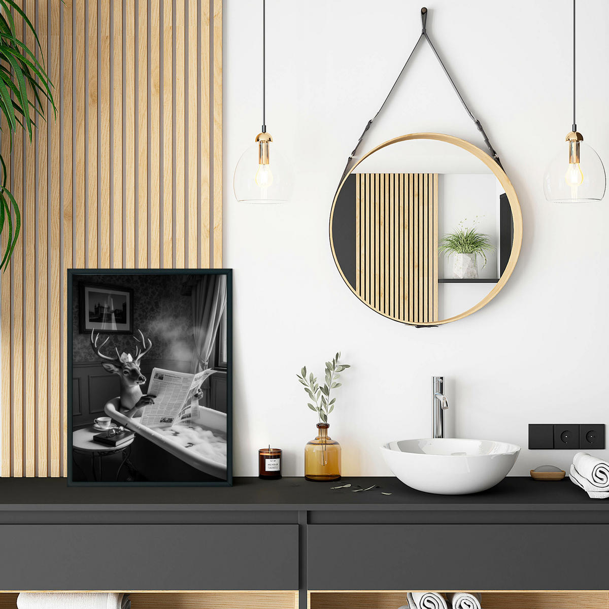 POSTER für Badezimmer WC Rehe HIRSCH in Badewanne Zeitung Abstraktion 30x40cm - Schwarz/Weiß, Papier (30/40/1cm) - Muralo