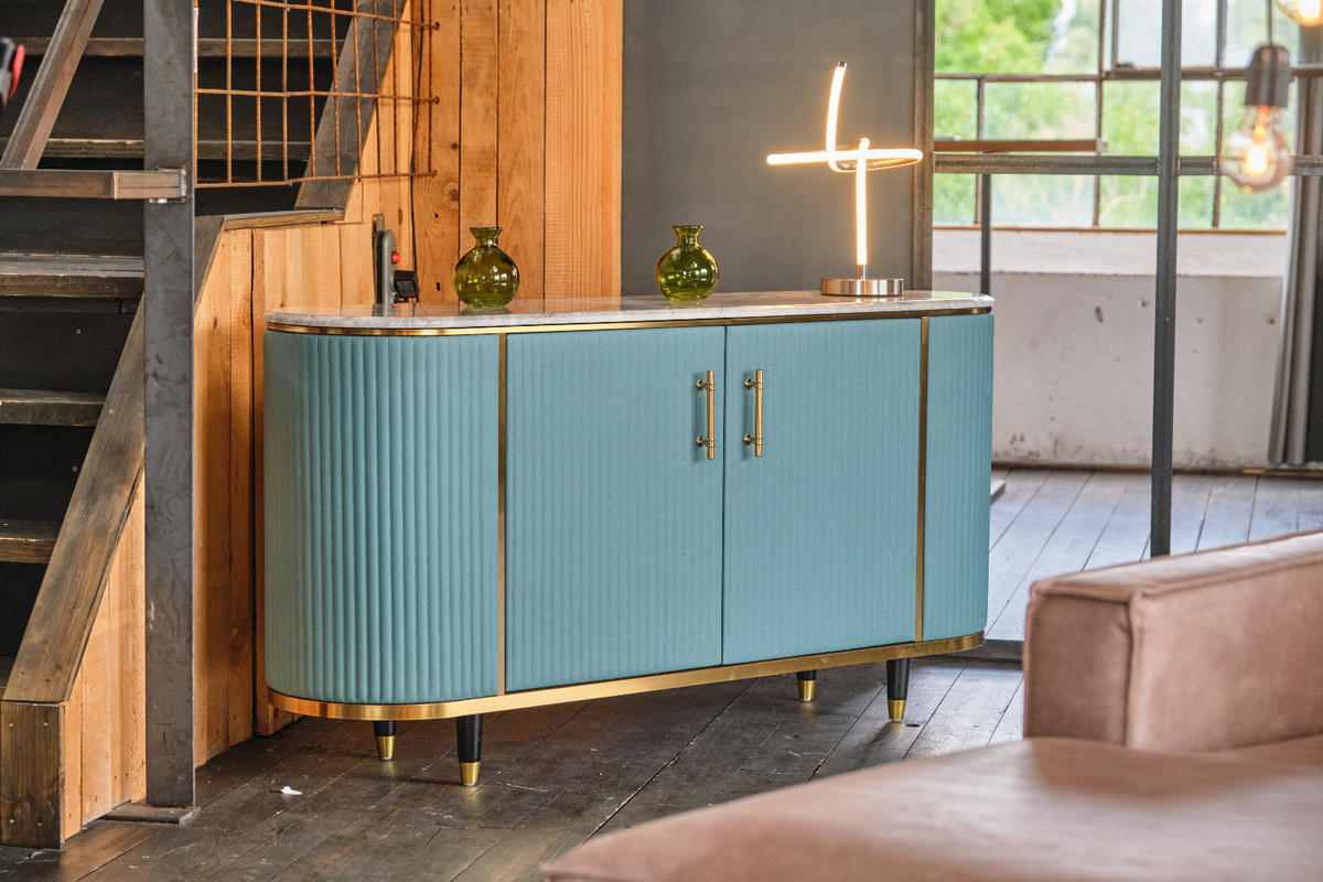 SIDEBOARD MARIA Hellblau Kunstleder - Schwarz/Hellblau, Stein/Metall (150/76/40cm) - KAWOLA