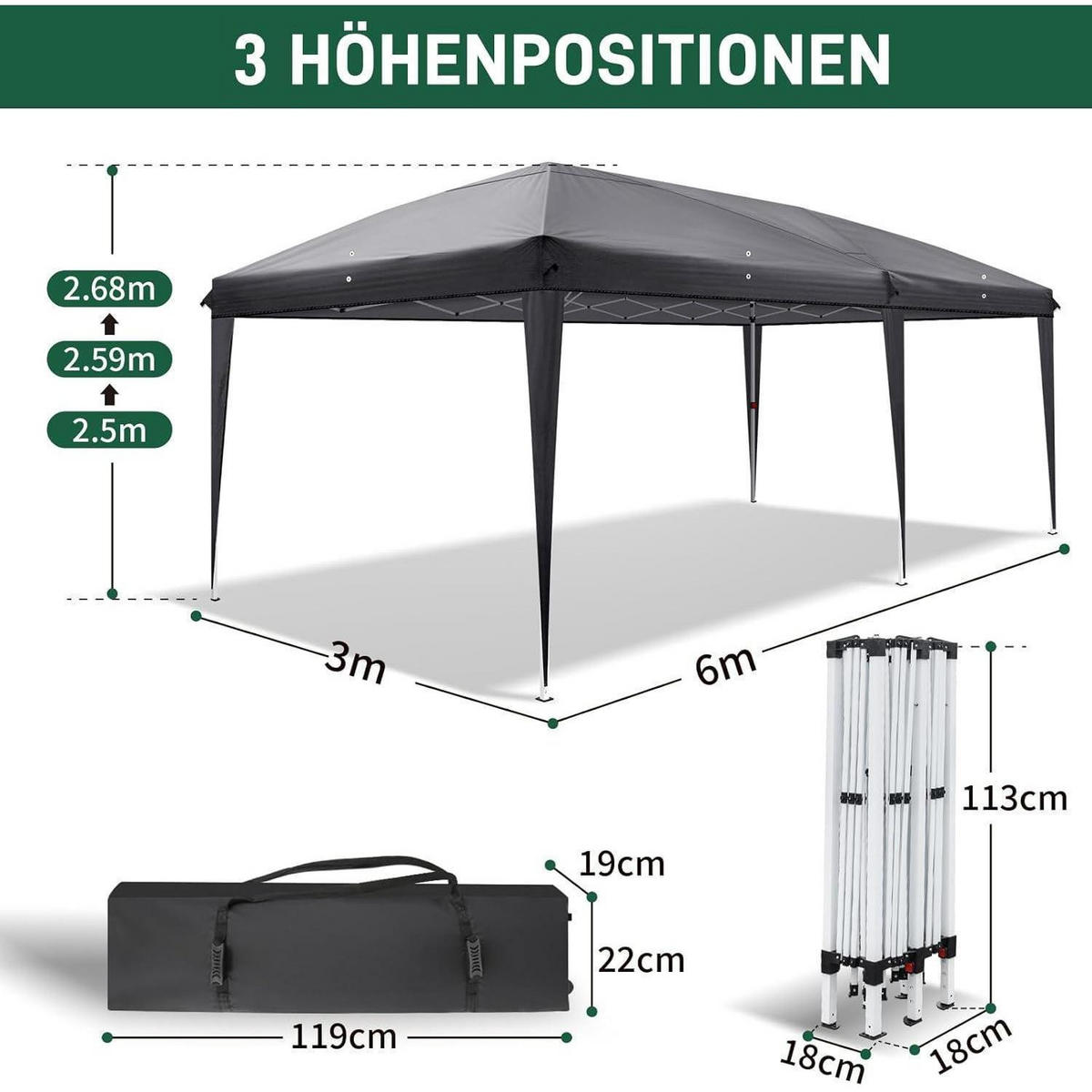 FALTPAVILLON 3x6m Dunkelgrau Wasserdicht UV-Schutz 50+ Metall - Anthrazit, Metall (300/268/600cm)
