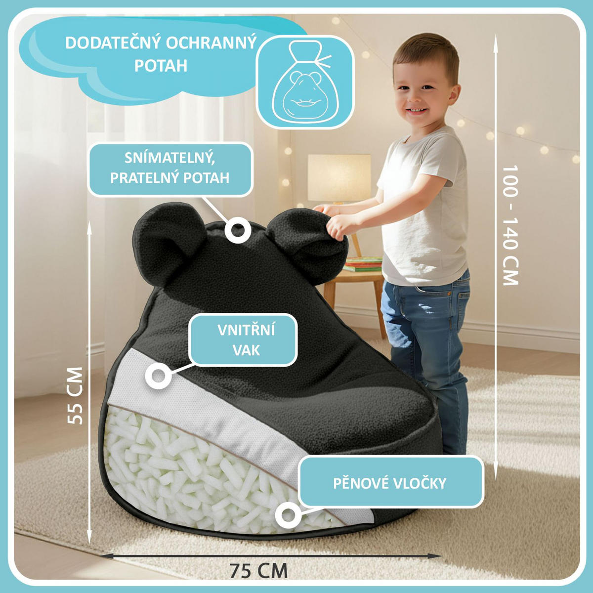 SITZSACK FÜR KINDER Maus 75/75/55 cm, weicher Bouclé 315 g/m², abnehmbarer Bezug, Steel Grey - Dunkelgrau, Textil (75/55/75cm) - Dreamroots