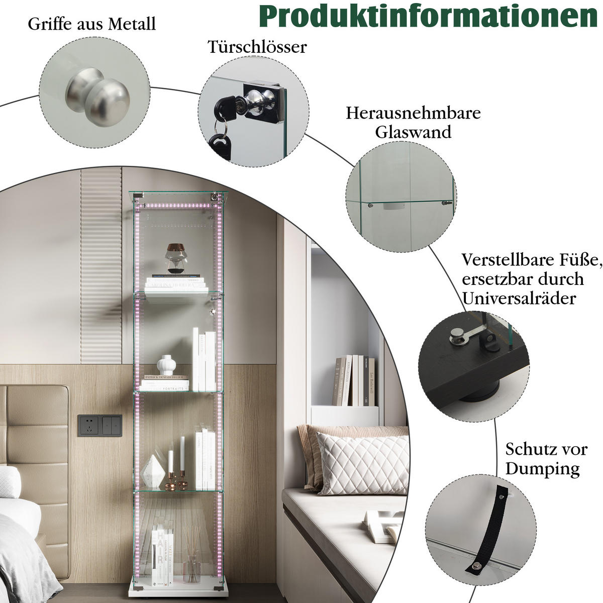 GLASVITRINE mit 4 Ablagen, LED-Lichtleiste, Doppeltüren, Weiß - Weiß, Glas (39.8/163/35cm) - BRILVERDE