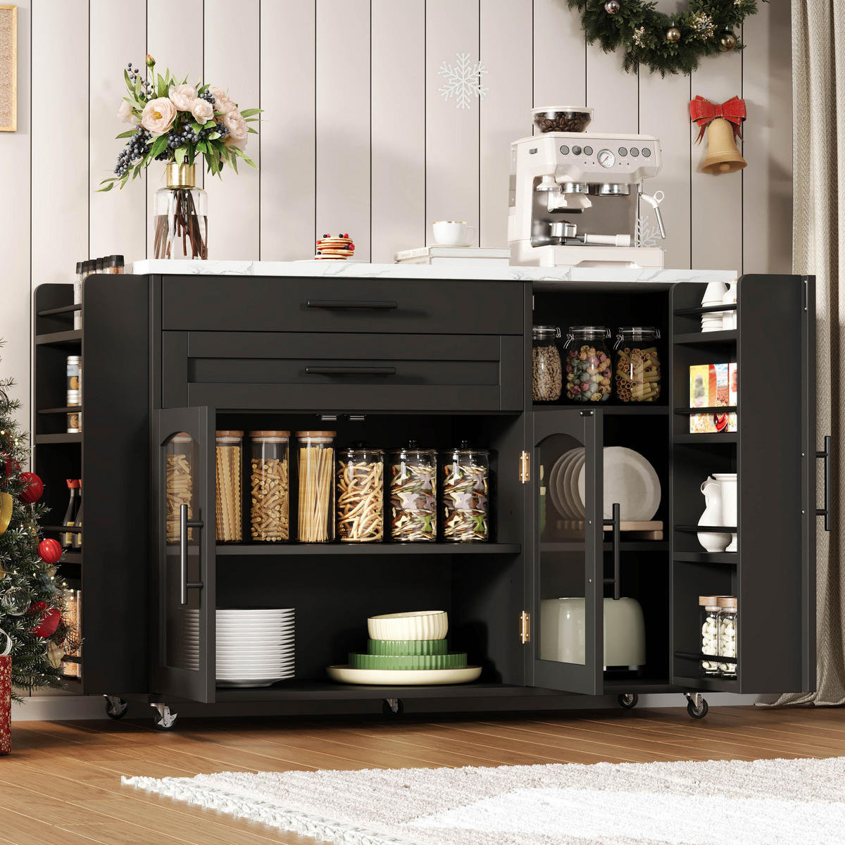 KÜCHENINSEL 120/45-70/90 cm mit klappbarer Arbeitsplatte, Glastüren, Schubladen und Rollen aus MDF, Schwarz - Schwarz, Holzwerkstoff (138/90/70cm) - Redom