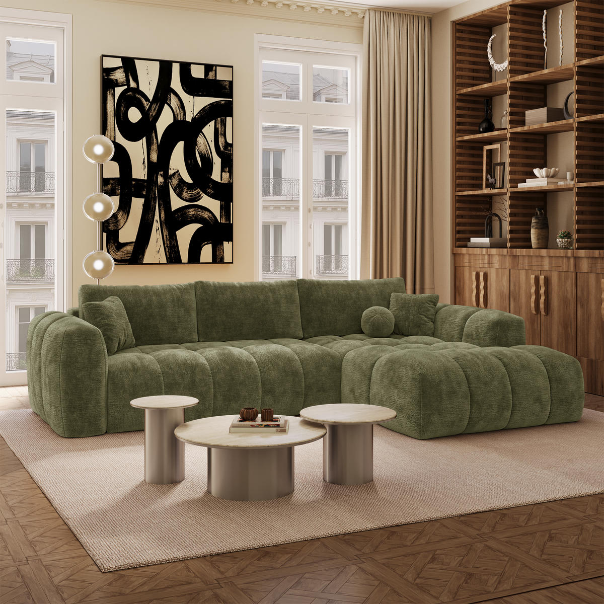 ECKSOFA rechtwinklig SKY Geprägter Samt Vintage-Grün 310cm - Dunkelgrün/Grün, Textil (310/180cm) - Premium Interiors