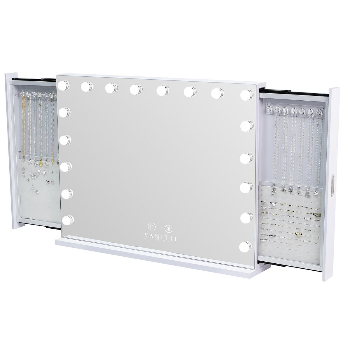 SCHMINKSPIEGEL mit LED-Beleuchtung integrierter Schmuckbox und Bluetooth weiß 80/60 cm - Weiß, Metall (80/60/10cm) - VANITII