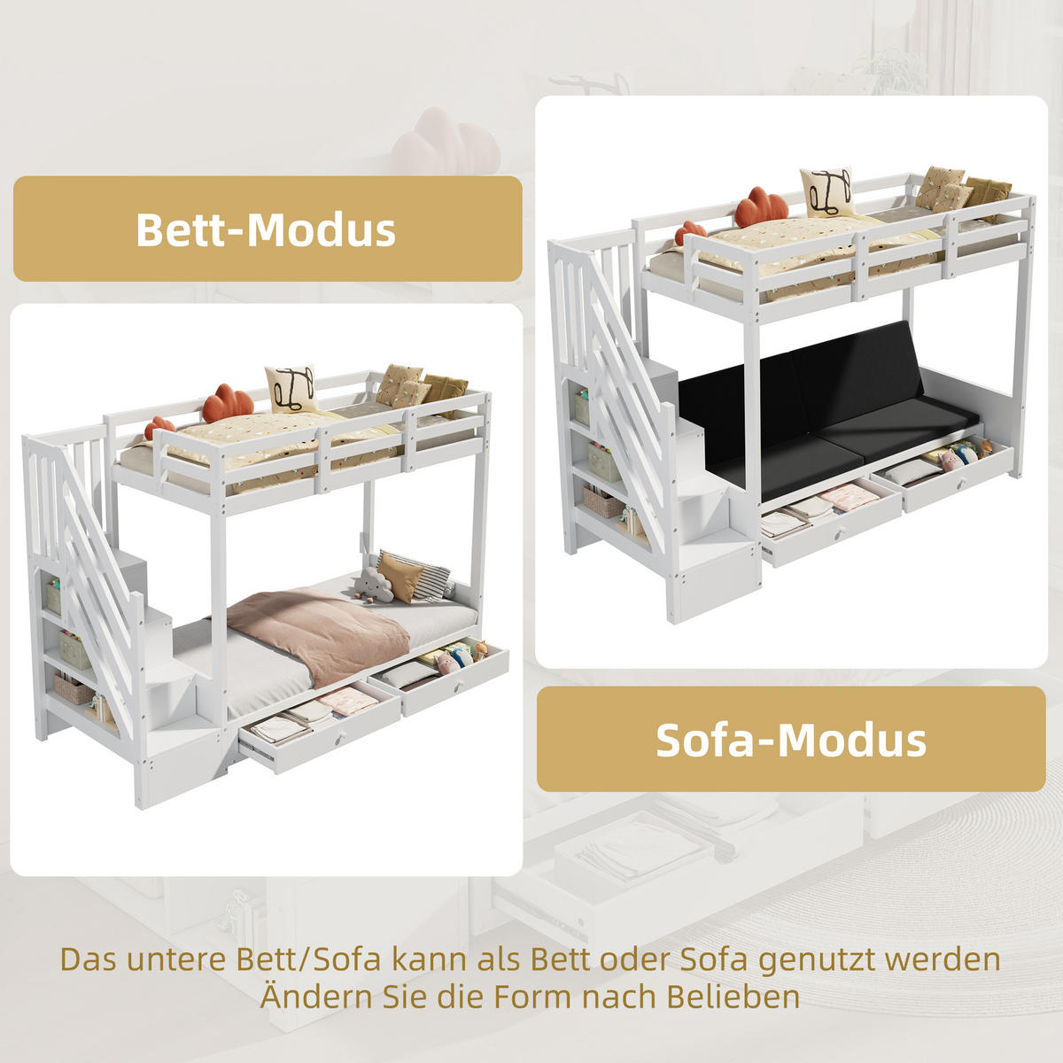 ETAGENBETT 90/200 cm mit Sofa, Treppenschrank und 2 Schubladen, Weiß - Weiß, Holzwerkstoff (90/200cm) - Redom