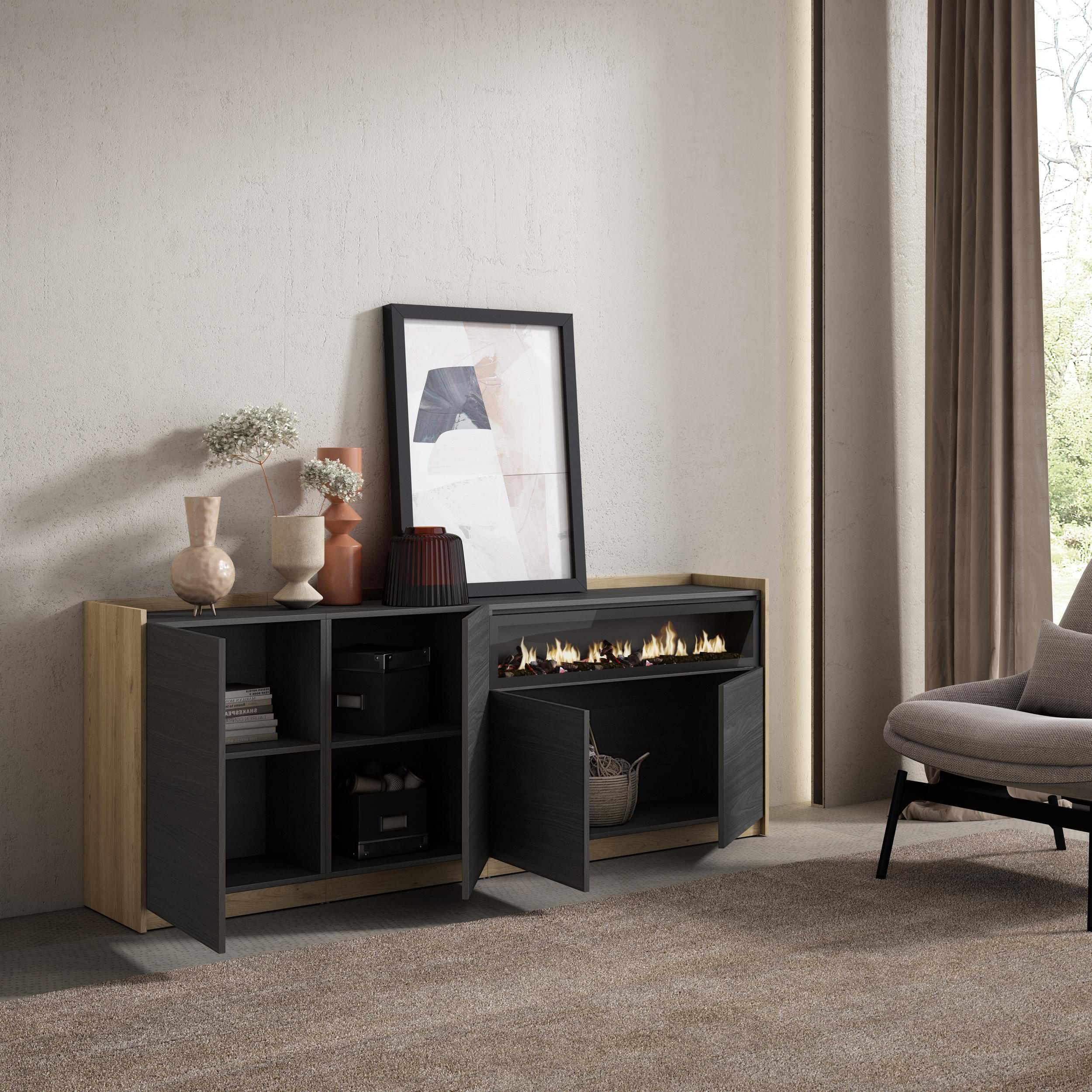 SIDEBOARD, Highboard, Schwarz Eiche, Elektrokamin, 207/37/80cm - Schwarz, Holzwerkstoff (207/80/37cm) - Skraut Home