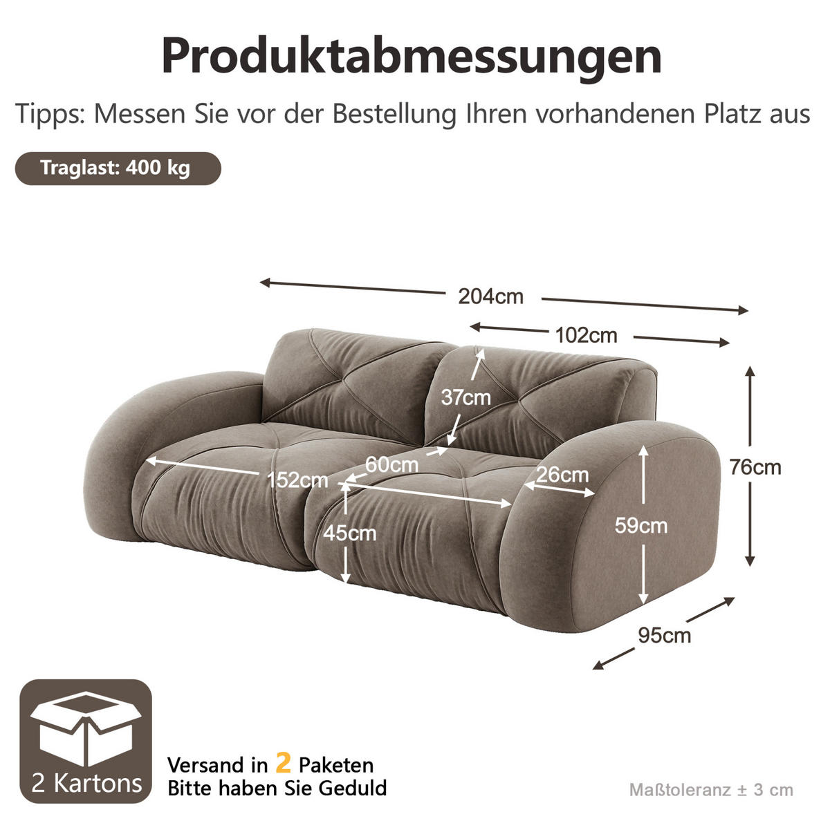 SOFA 204/95/76 cm in Taupe aus Chenille, rahmenlos und flexibel - Taupe, Textil (95/76/204cm) - Flora Grace