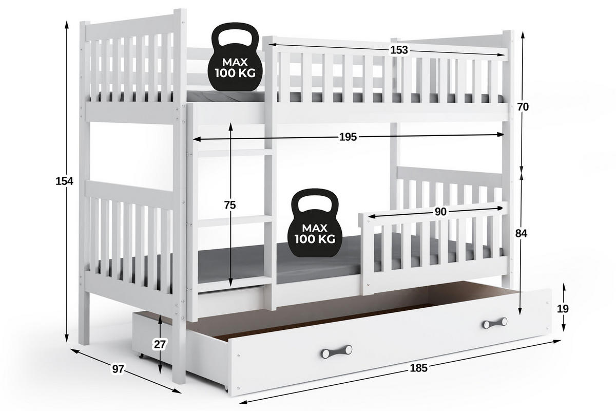 INTERBEDS Etagenbett Jakob 90/190 cm Weiß, massive Kiefer, erweiterbar in 2 Einzelbetten, mit Bettkasten / Schublade, Rausfallschutz & Lattenrost - Weiß, Holz (90/190cm) - Interbeds