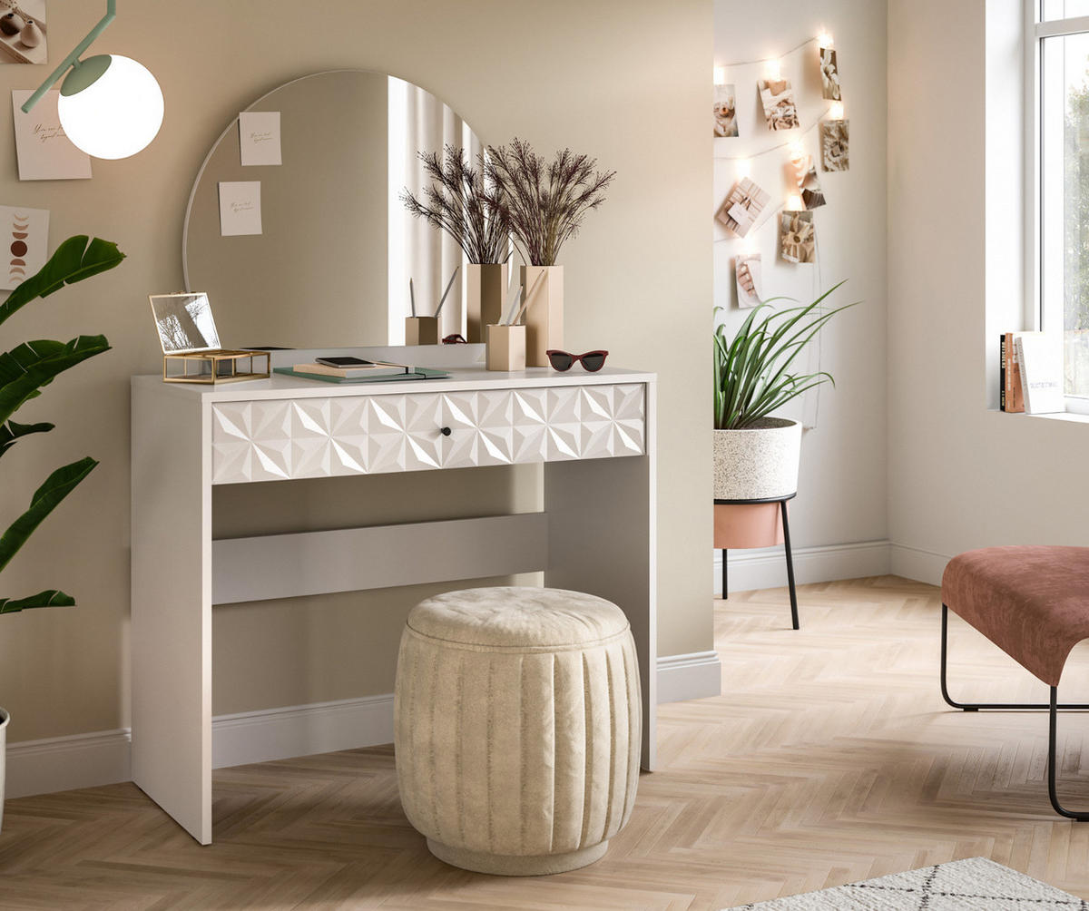 SCHMINKTISCH weiß Hochglanz 90 cm, Kosmetiktisch mit Spiegel - Weiß Hochglanz/Schwarz, Glas/Holzwerkstoff (39/133/90cm) - Inn.Furn