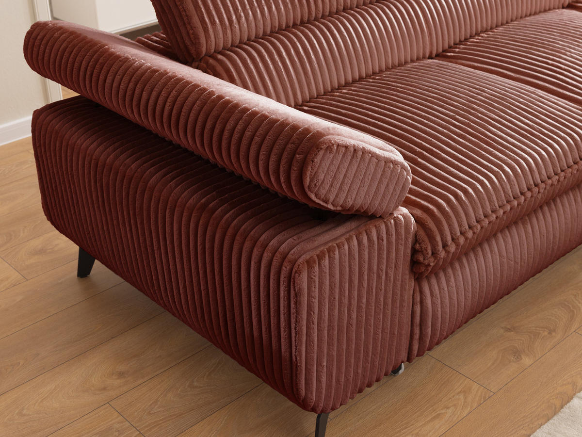 ECKSOFA mit Schlaffunktion und Bettkasten Bonnie aus Terrakotta Cord-Stoff mit verstellbaren Kopfstützen und Armlehne - Ottomane rechts - Terracotta/Schwarz, Holz/Textil (275/210cm) - S-Style Möbel