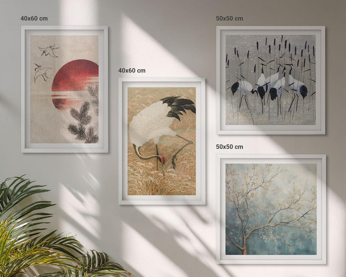 BILDER SET 4er Set - 50x50 cm & 40x60 cm Weißer Rahmen - Japanische Kraniche Landschaft - Weiß, Kunststoff (50/50cm) - TULUP