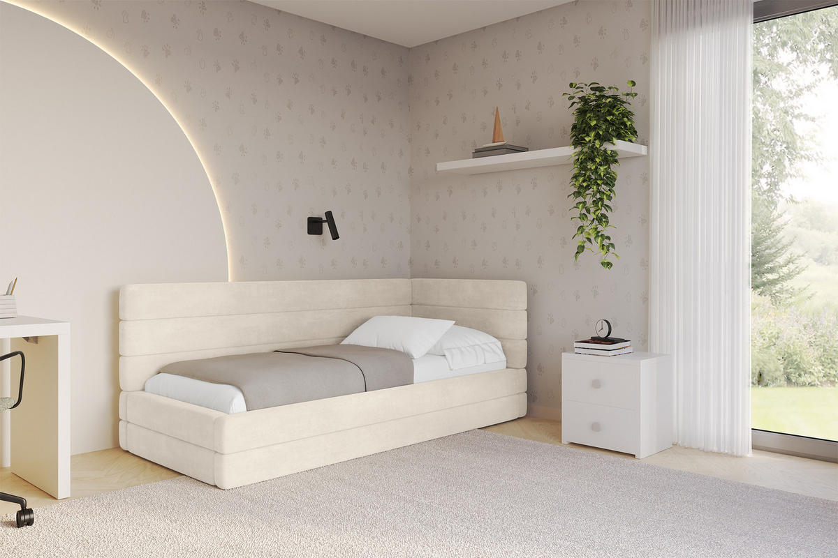 EINZELLBETT Jugendbett mit Bettkasten, Links - BEMY 90x200 Beige - Beige, Holzwerkstoff/Textil (90/200cm) - ALTDECOR