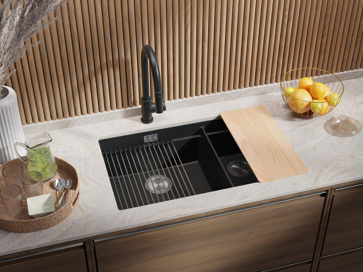 SPÜLBECKEN Praga Slim Duo, 2-er set Anthrazit 76/47 cm 2 Becken + Ablauf-Set + Aufrollbare Abtropffläche ab 80er Unterschrank - Chromfarben/Anthrazit, Kunststoff (76/20/47cm) - Primagran