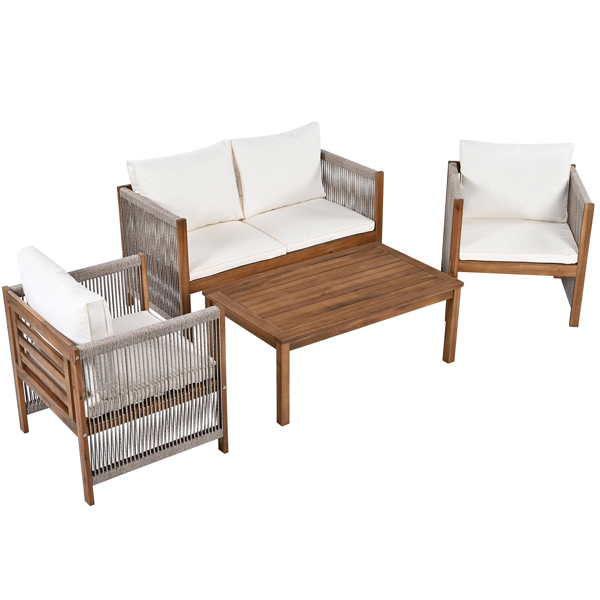 GARTENMÖBEL 120x60x64cm beige aus Akazie und Polyester mit abwaschbaren Kissen - Beige, Textil - Modfu