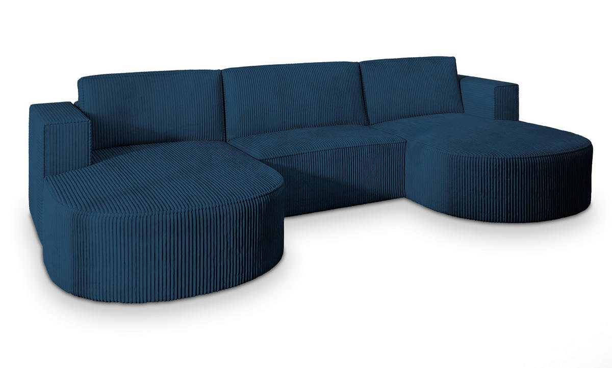 WOHNLANDSCHAFT VEZZO P Blau Kordstoff mit Schlaffunktion - Blau, Holz (347/85/174cm) - MASSENO