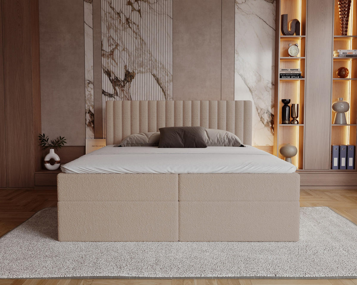 BOXSPRINGBETT Boucle 160x200 Daliro mit Bettkasten, Matratze H3, Beige - Beige, Holz/Textil (160/200cm) - Emporius